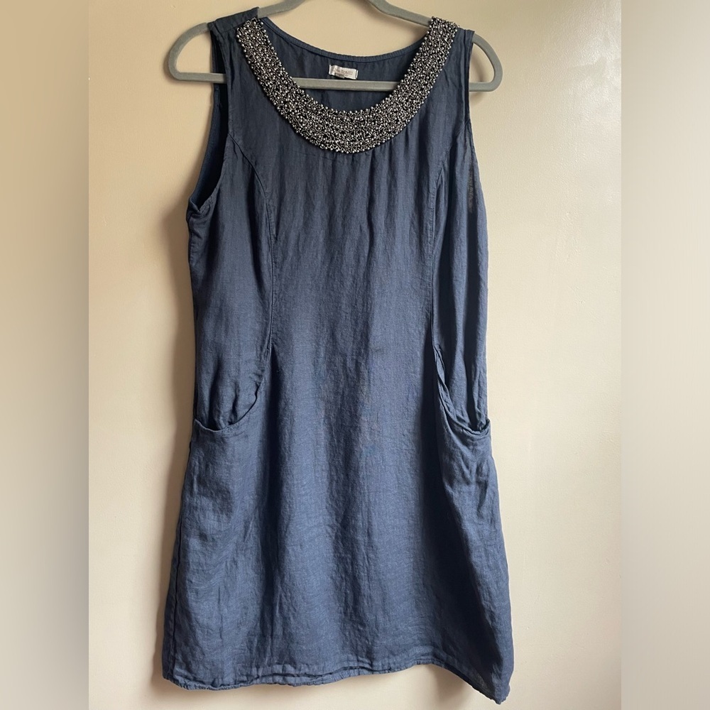 Lina Tomei linen jeweled collar dress size L made in Italy